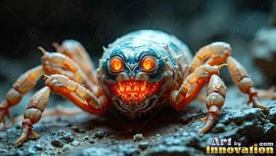 Crawling on rocks, a spiky spider-like monster shines bright orange from its eyes and mouth