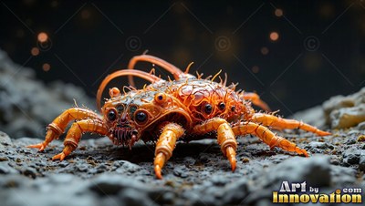 A spiky orange spider creature stands on dark rock