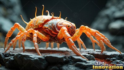 Spiny orange shell on an eight-legged bug creeping across a dark rock ledge