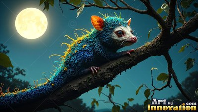 A small blue critter climbs along a dark tree branch beneath a pale yellow moon