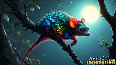 Crouched on a tree branch, a colorful mouse pauses under a full moon