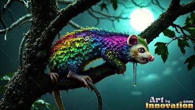 A rainbow opossum with dripping chin sits on a dark branch under moonlight