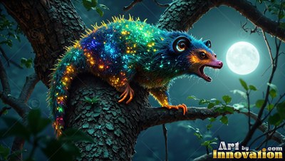 In a dark tree at night, a colorful spiky possum perches near a full moon