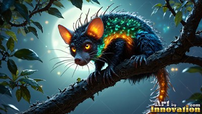 Climbing a dark tree branch, a spiny fantasy creature looks ahead under moonlight