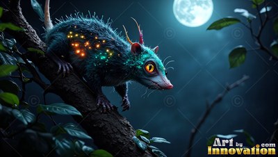 Fuzzy blue critter with big eyes walks on a branch under the moon