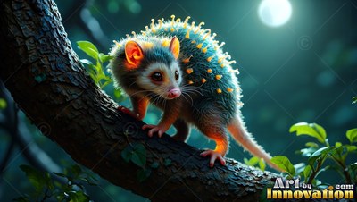 Yellow spines dot the teal fur of a tiny possum walking on a tree branch at night