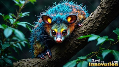 A spiky blue possum clings to a tree branch with bright orange ears