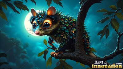Perched on a tree branch, a small furry creature sits before a full moon