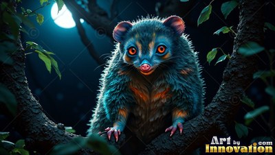 A furry blue critter with round orange eyes sits in a tree under moonlight