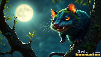 Under a bright full moon, a fuzzy blue rat crouches on a dark tree branch