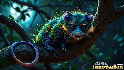 Perched on a dark tree branch, a spiky green creature with a long curved tail looks forward