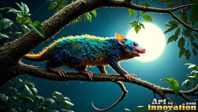Blue and yellow furry critter crawling along a branch under the moon