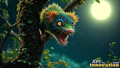 Bright orange eyes in a dark forest, where a spiky green creature snarls from a mossy tree branch