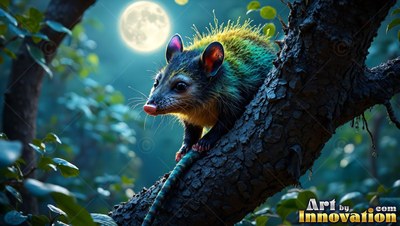 A fuzzy opossum climbs down a dark tree trunk under a round moon in the blue night sky