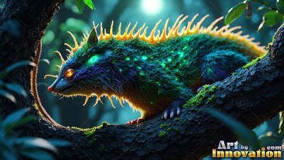 Crouched on a mossy tree branch in the woods, a spiny green critter looks ahead