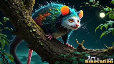 A fluffy critter with bright orange ears climbs along a rough tree branch at night