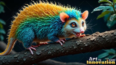 On a tree branch, a fuzzy opossum with bright rainbow fur creeps forward
