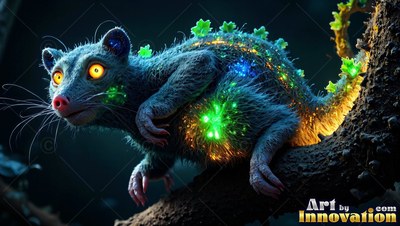 Clinging to a dark tree branch, a fuzzy blue critter with bright yellow eyes