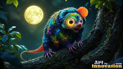 A colorful furry critter sits on a mossy branch under a full moon