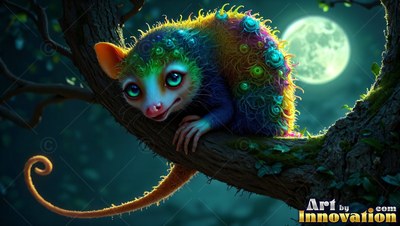 Bright rainbow fur covers a small critter resting on a tree branch under a full moon