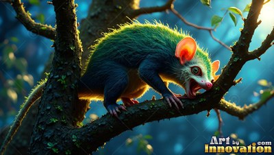 A furry green critter creeps along a tree branch with bright sunlight on its big ears