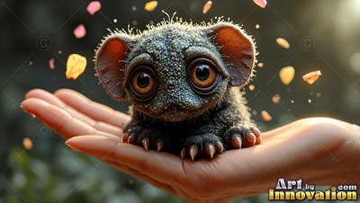 Crouching on an open palm, a tiny fuzzy creature with big round eyes