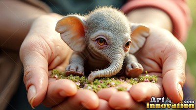 A tiny gray elephant creature rests on bits of moss in two open hands