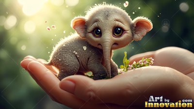 In cupped hands, a tiny fuzzy elephant with big eyes stands in sunlight