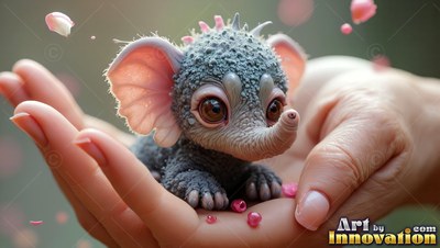 Resting in cupped hands, a tiny gray fantasy creature with big pink ears curls up