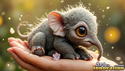 Tiny fuzzy gray elephant creature resting inside an open hand