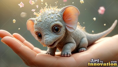 Round pink ears frame a tiny gray dragon creature that rests on an open palm under floating petals