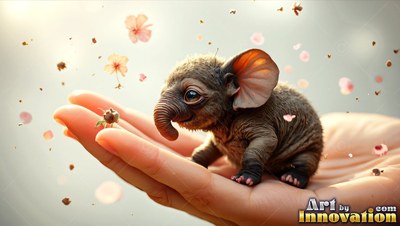 A tiny furry elephant sits inside an open hand as soft golden light shines through pink ears