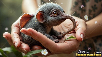 Curled in two cupped hands, a tiny gray creature with a trunk rests outdoors