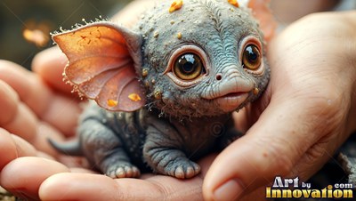A tiny gray creature with big ears rests in open hands