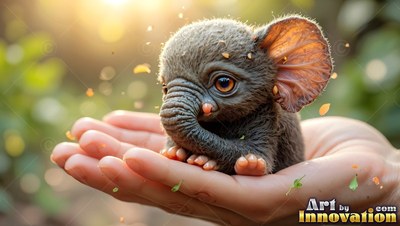 In an open hand outdoors, a tiny fuzzy baby elephant creature sits in warm sunlight