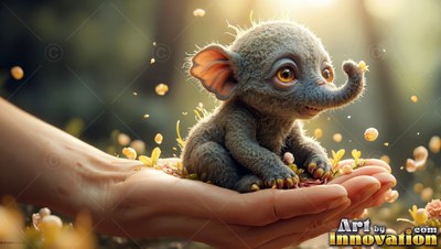 Sitting in an open hand, a tiny furry elephant looks up in warm sunlight