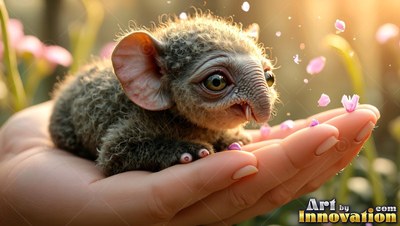 Fuzzy gray creature with big ears rests in a hand near pink petals