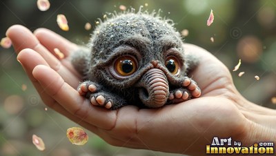 A fuzzy gray creature rests inside an open palm in soft outdoor light