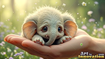 Curled up in an open palm outdoors, a fuzzy baby elephant rests in soft light