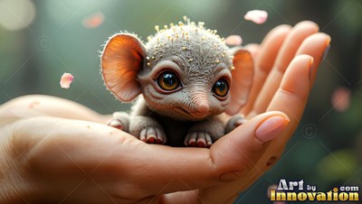 A tiny gray fantasy creature with big ears rests softly in two open hands