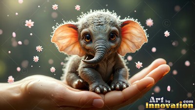 In an open palm, a fuzzy baby elephant sits beneath falling pink blossoms