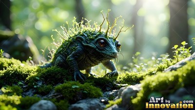 Crawling over mossy rocks, a small green frog creature sprouts tiny plant stems