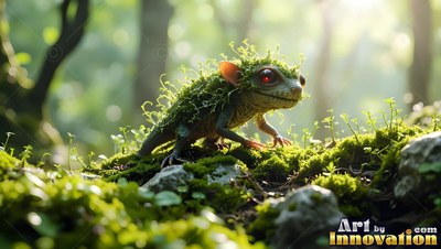 A small mossy lizard creature crawls over green rocks in sunlight