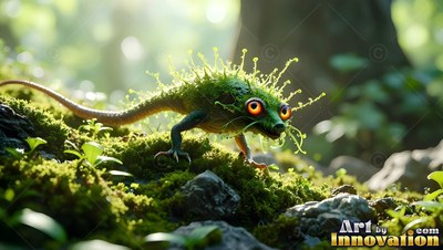 Large orange eyes stare out from a spiky green lizard crawling over mossy ground in the forest light