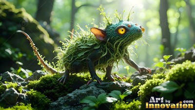 A mossy green creature crawls across rocks in the pale sunlight