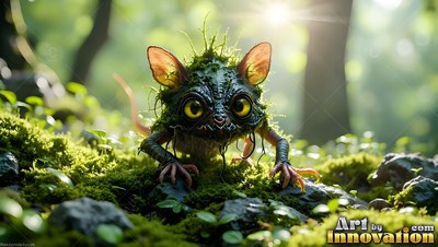 Crouching on green moss, a small bug-eyed creature stares ahead in bright sunlight