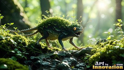 A mossy spiny lizard walks across rocky ground in the bright woods