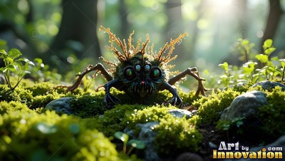 In a sunlit forest, a spiky green spider creature crawls across the moss