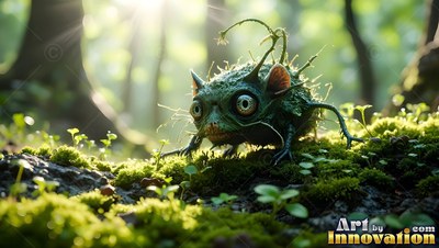 Crawling over green moss, a spiny little creature with huge round eyes stares forward in the sun
