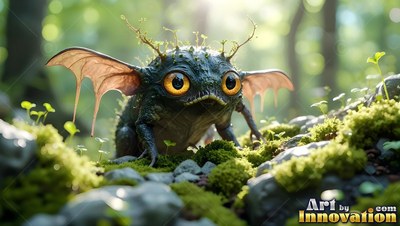 Small winged frog creature with large yellow eyes on mossy stones